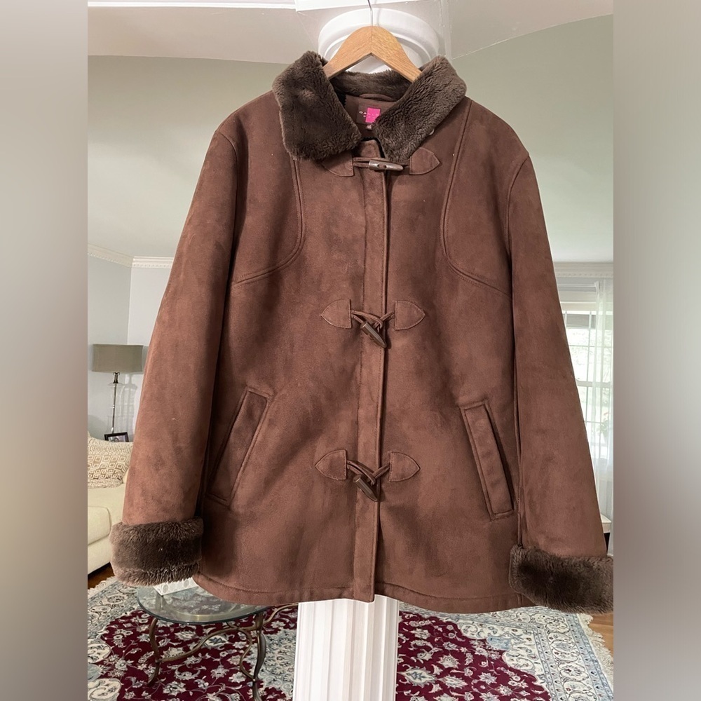 Gallery women’s brown suede lined Foux fur zip up and button Jacket size 1X